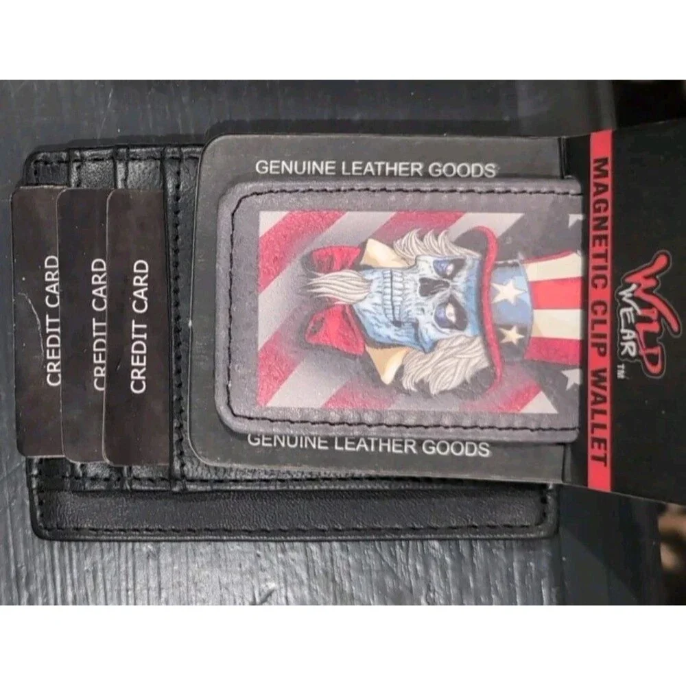 Wild Wear Magnetic Clip Wallet Genuine Leather Skull Patriotic NEW